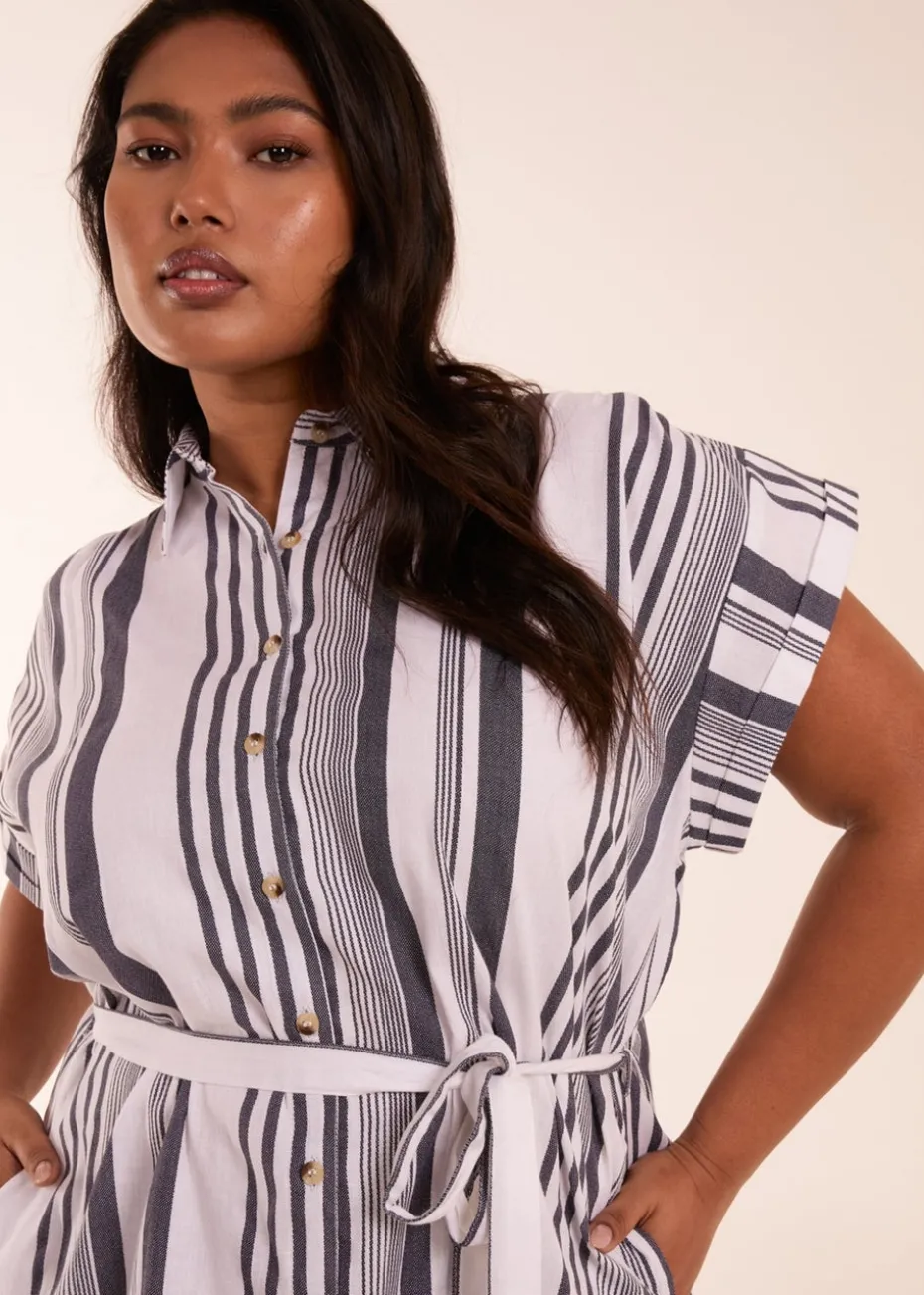 Blue Vanilla Curve White Stripe Button Front Shirt Dress
