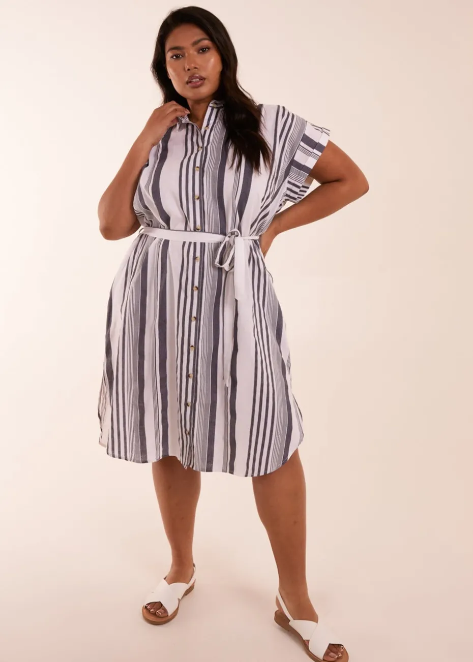 Blue Vanilla Curve White Stripe Button Front Shirt Dress