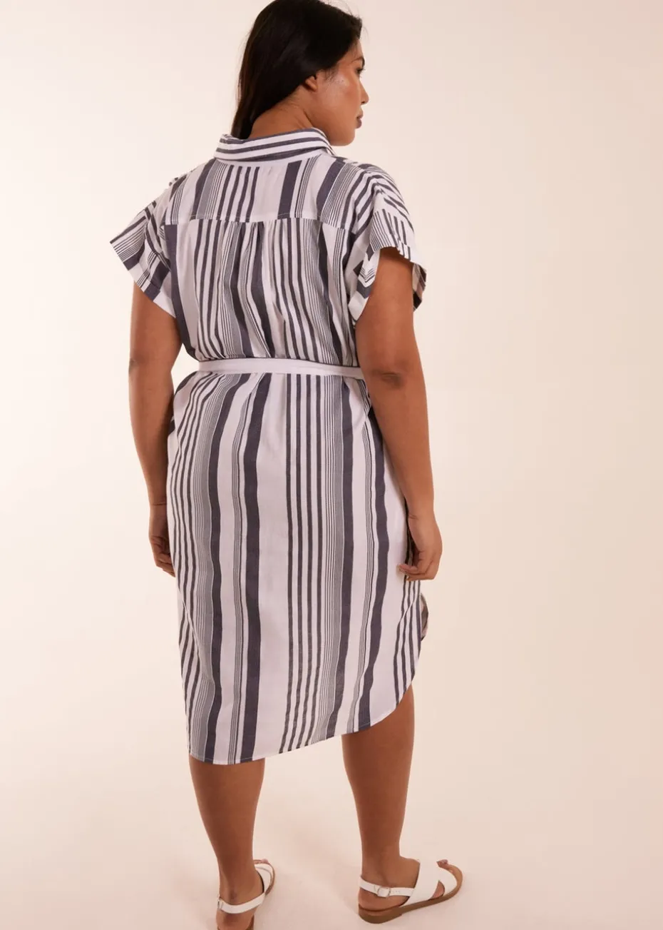 Blue Vanilla Curve White Stripe Button Front Shirt Dress