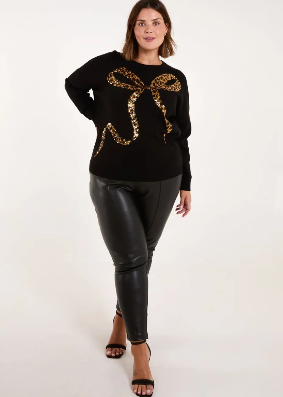 Blue Vanilla Gold Curve Sequin Christmas Leopard Bow Jumper