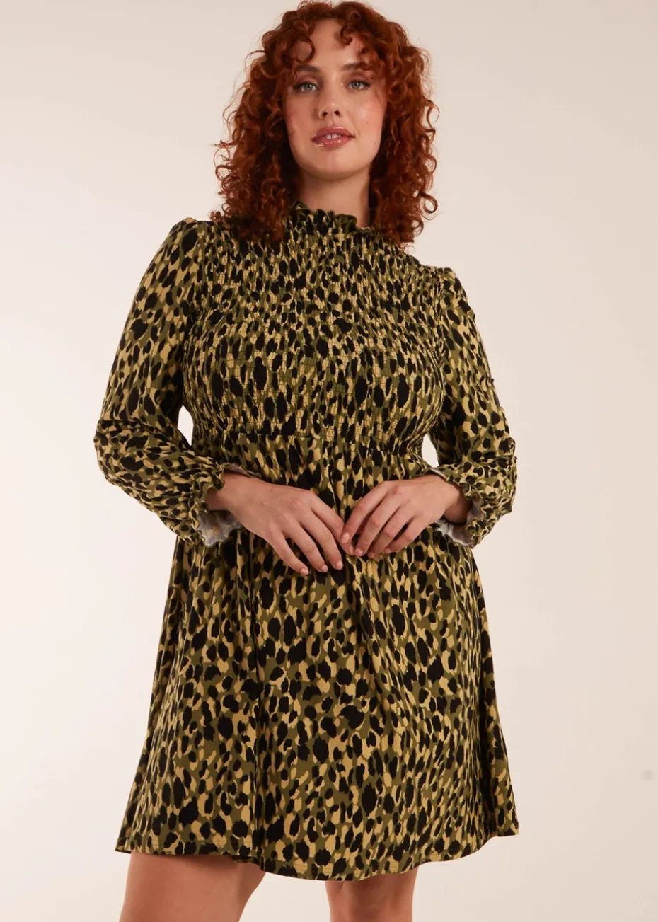 Blue Vanilla Green Curve Leopard Print Shirred Trapeze Mini Dress