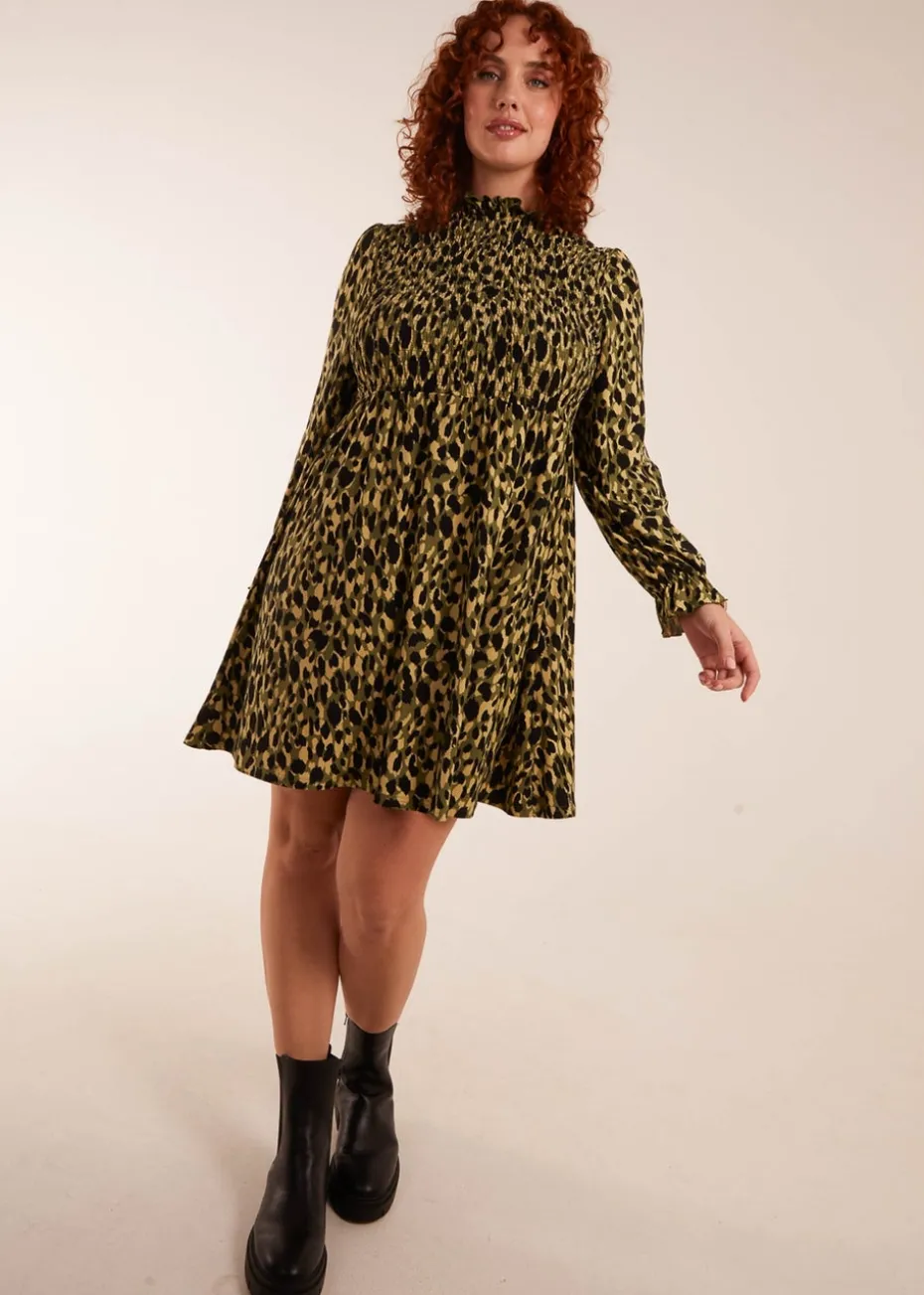 Blue Vanilla Green Curve Leopard Print Shirred Trapeze Mini Dress