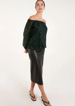 Blue Vanilla Green Elastic Neck Puffball Sequin Top