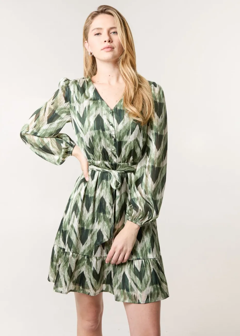 Blue Vanilla Green Metallic Zig Zag V Neck Belted Dress