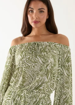 Blue Vanilla Green Off The Shoulder Top And Wide Leg Trouser Set