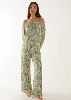 Blue Vanilla Green Off The Shoulder Top And Wide Leg Trouser Set