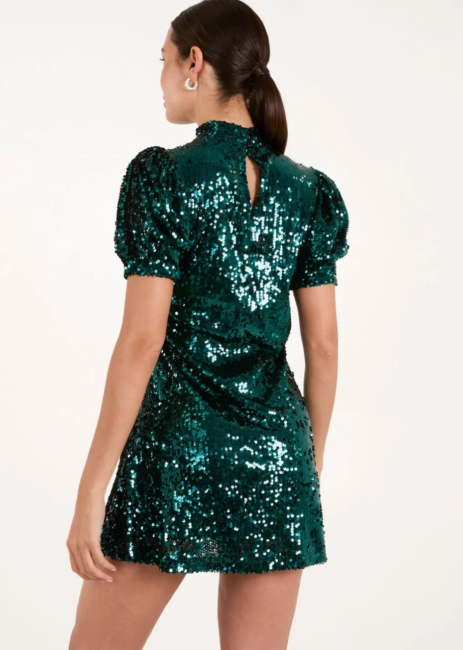 Blue Vanilla Green Puff Sleeve Sequin Dress
