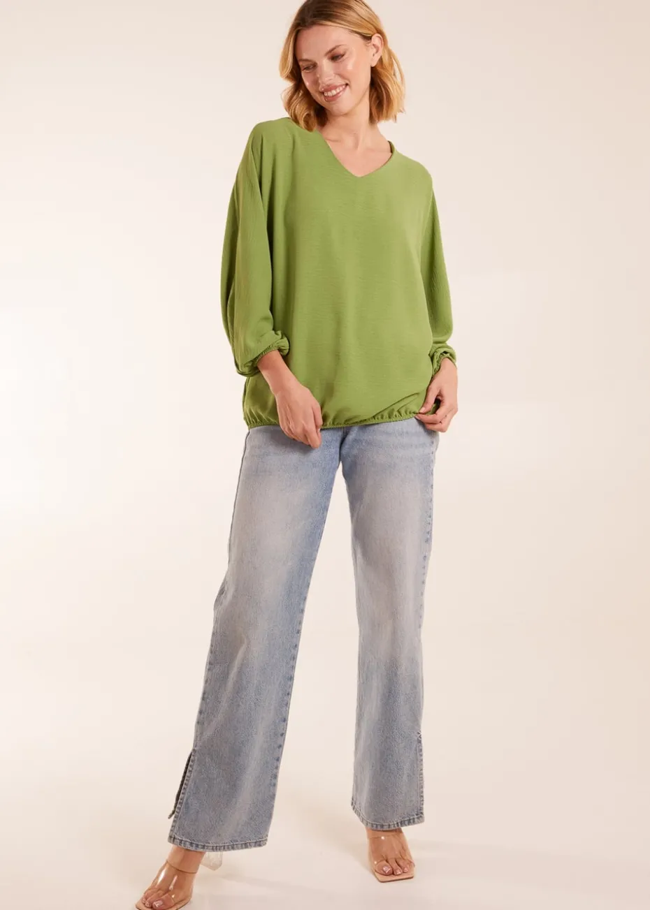 Blue Vanilla Green V Neck Puff Sleeve Blouse