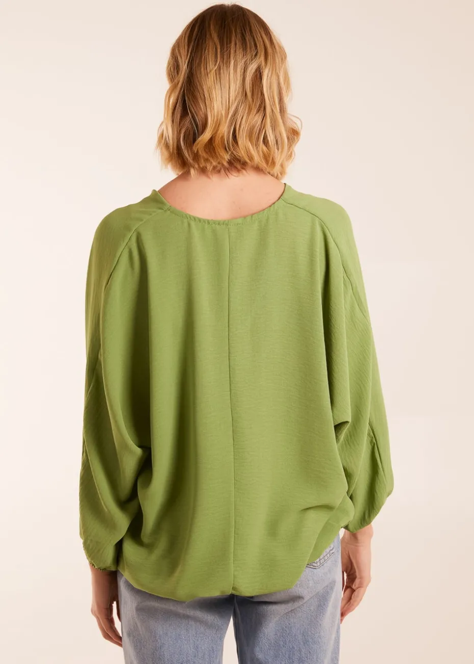 Blue Vanilla Green V Neck Puff Sleeve Blouse