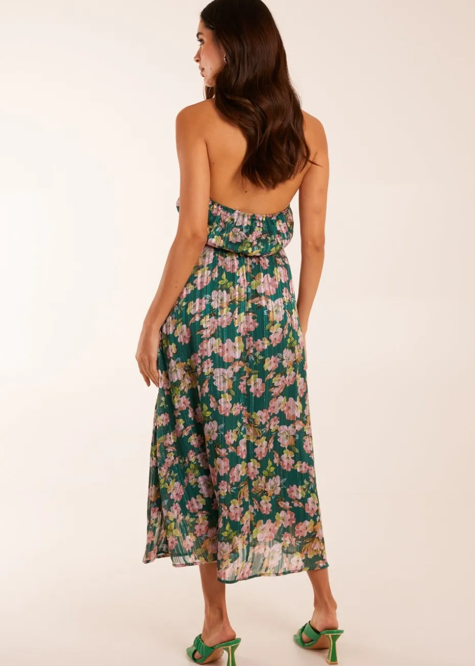 Blue Vanilla Green Wrap Halter Neck Pleated Midi Dress