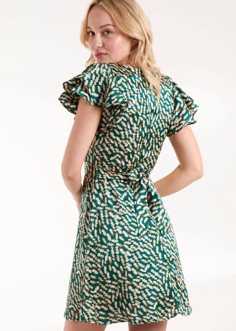 Blue Vanilla Green Wrap Ruffle Mini Dress