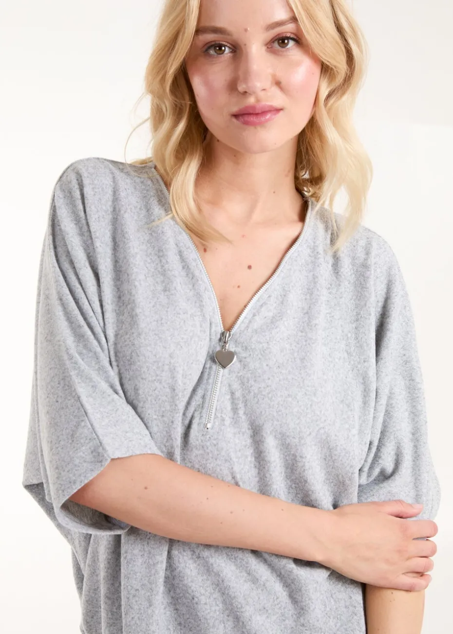 Blue Vanilla Grey Heart Zip Front Top