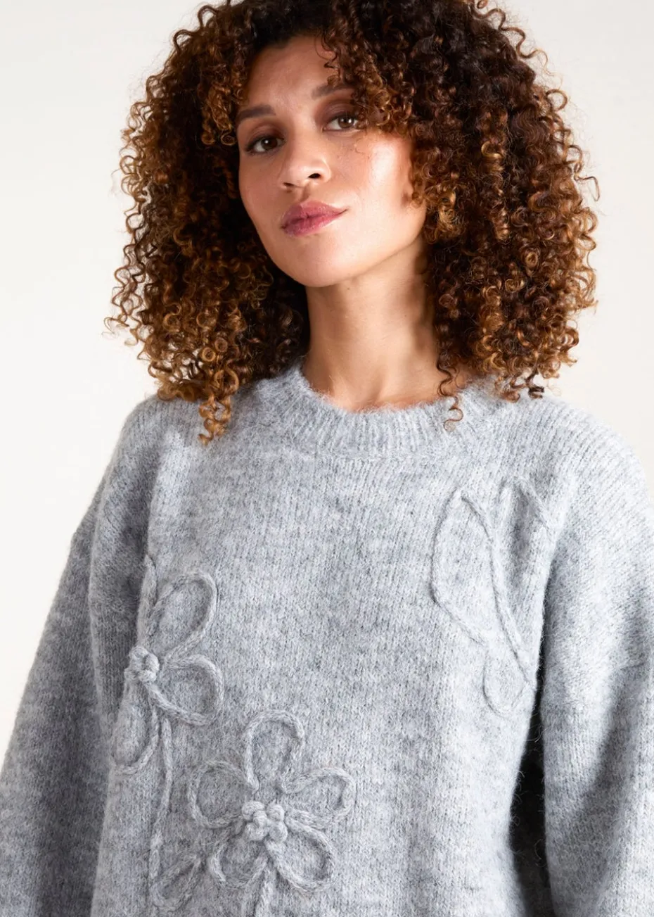 Blue Vanilla Grey Knit Flower Embroidery Cropped Jumper