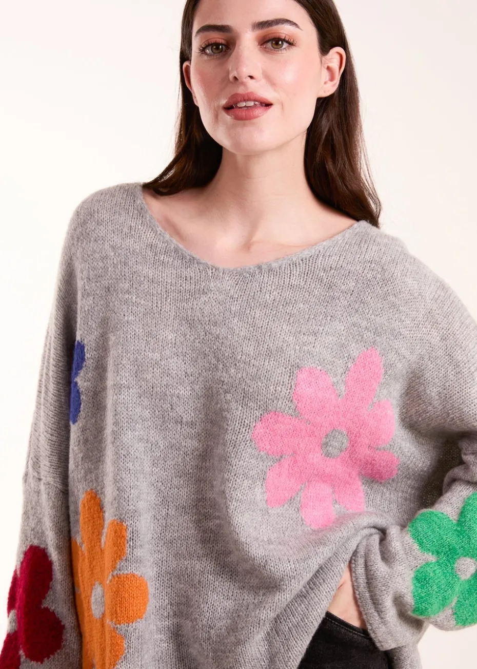 Blue Vanilla Grey Multi Coloured Daisy Flower Print Jumper