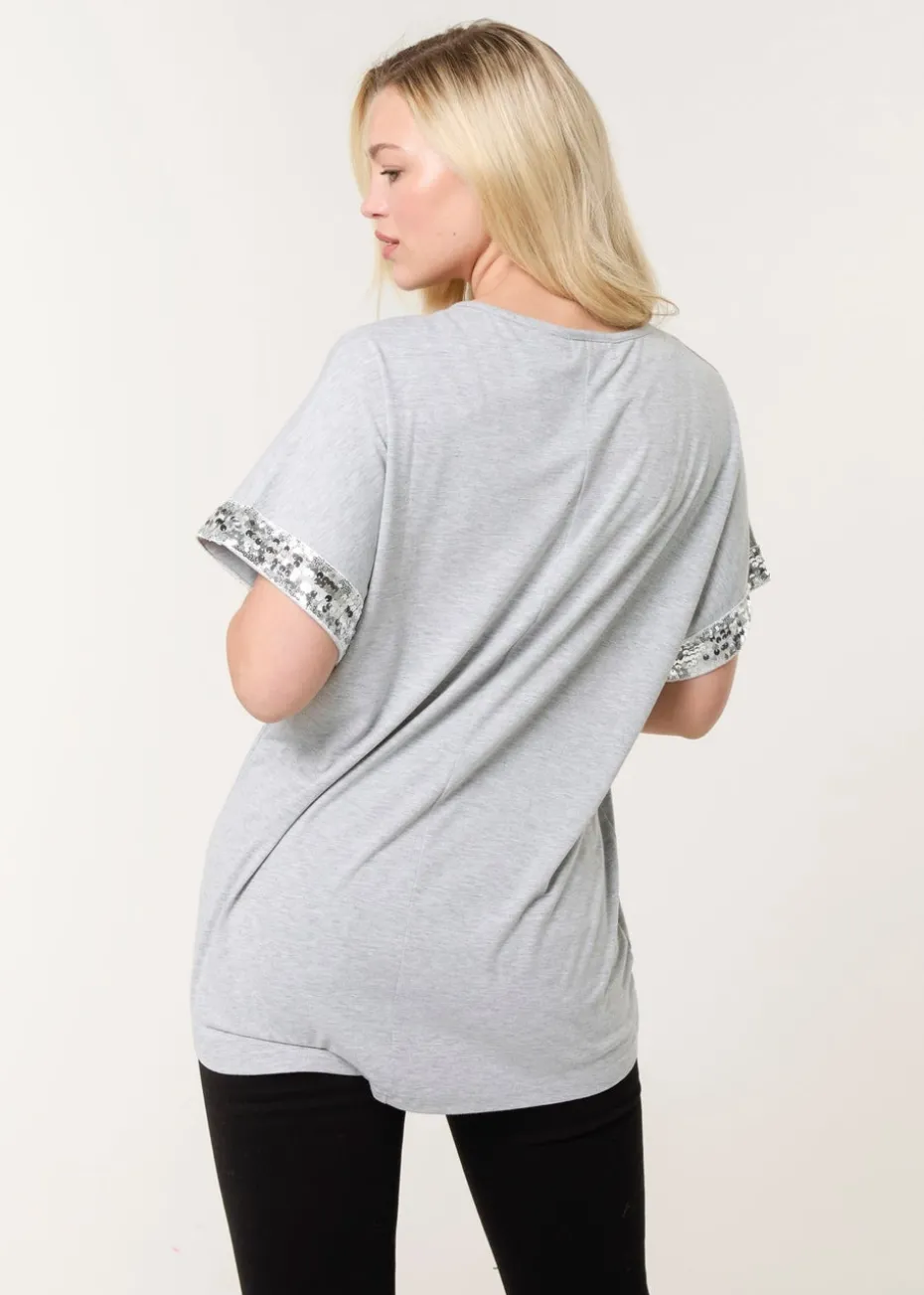 Blue Vanilla Grey Sequin Trim Oversized Top
