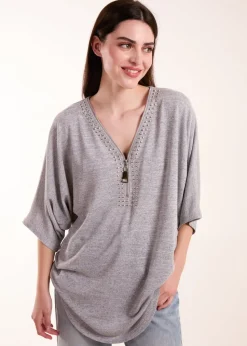 Blue Vanilla Grey Studded Zip Front Top