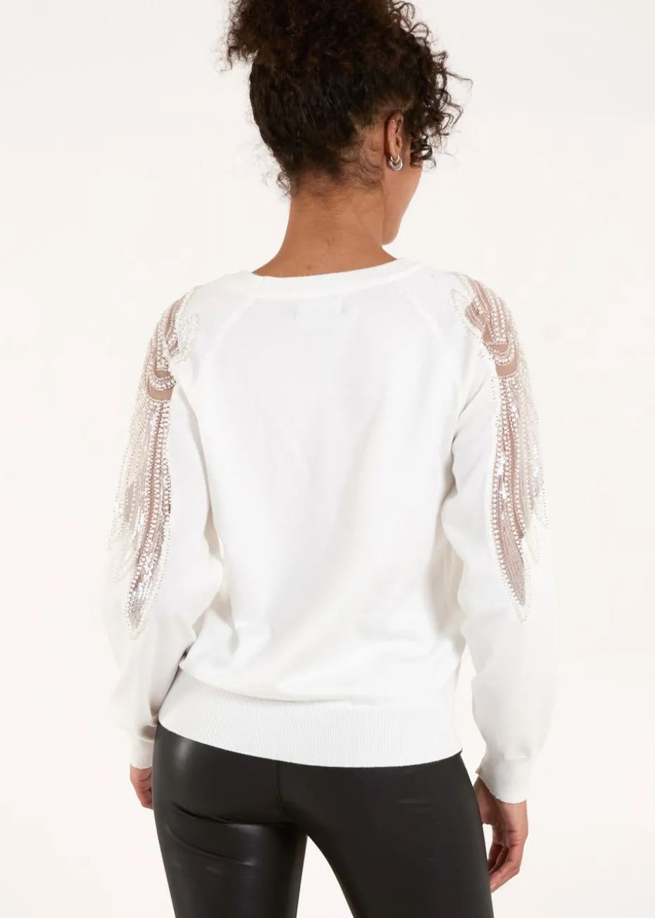 Blue Vanilla Ivory Embellished Sleeve Jumper