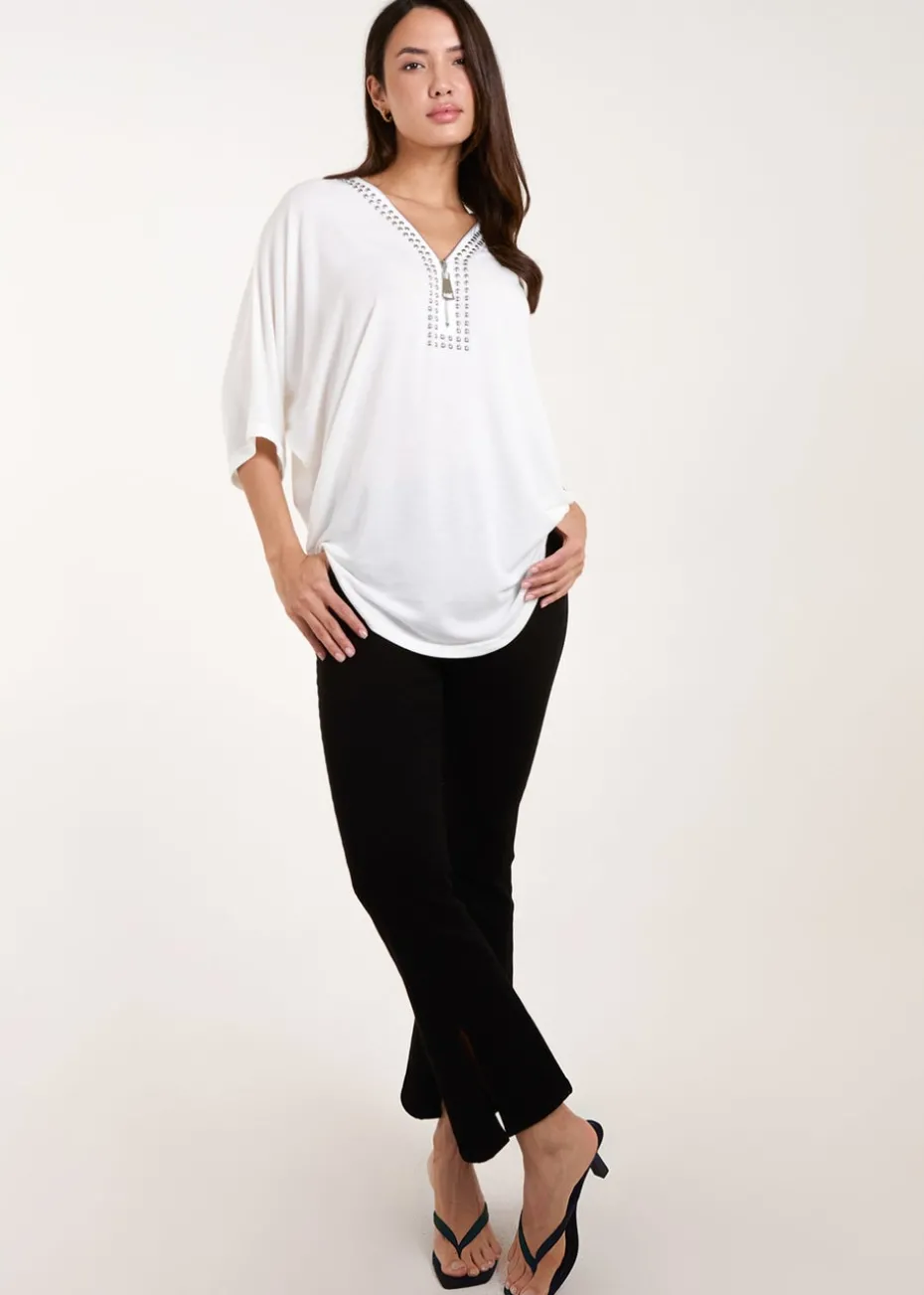 Blue Vanilla Ivory Studded Zip Front Top