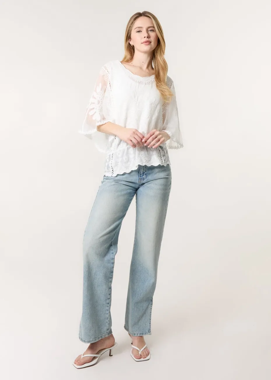 Blue Vanilla Ivory Sun Flower Lace Sleeve Blouse