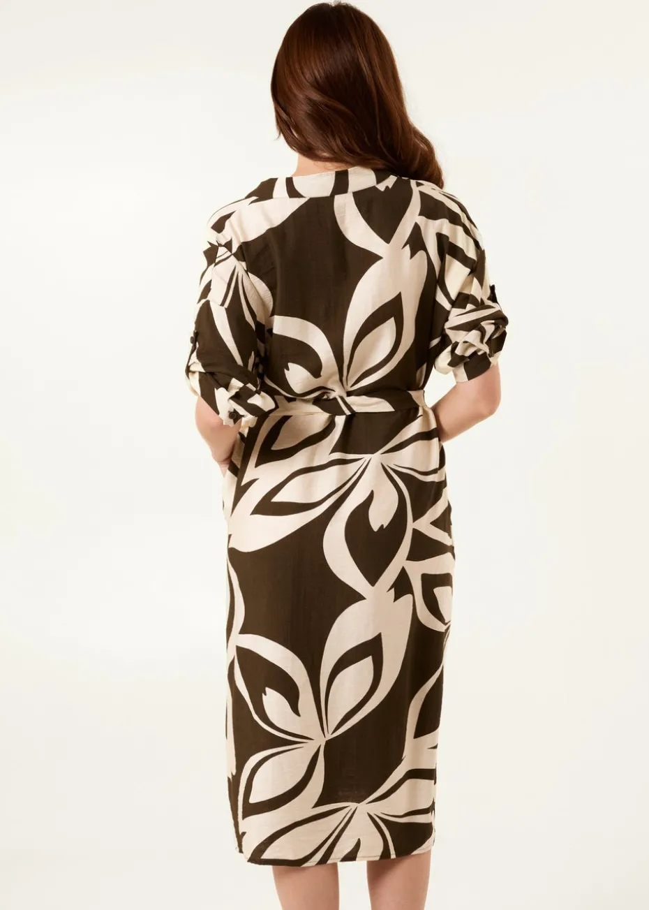 Blue Vanilla Khaki Abstract Print Collarless Shirt Dress