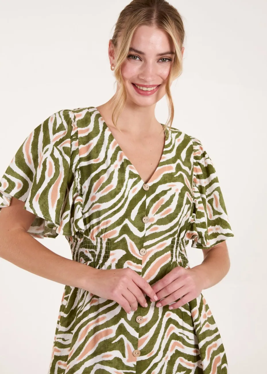 Blue Vanilla Khaki Button Front Shirred Waist Mini Dress