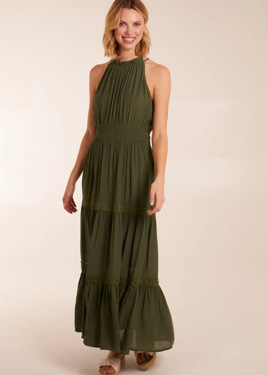 Blue Vanilla Khaki Crochet Halter Maxi Tiered Dress