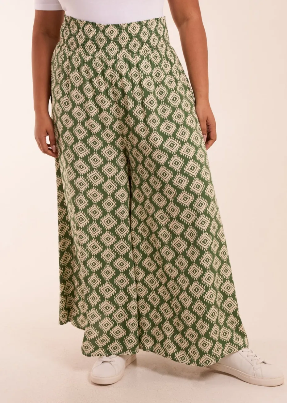 Blue Vanilla Khaki Curve Shirred Wide Leg Aztec Trouser