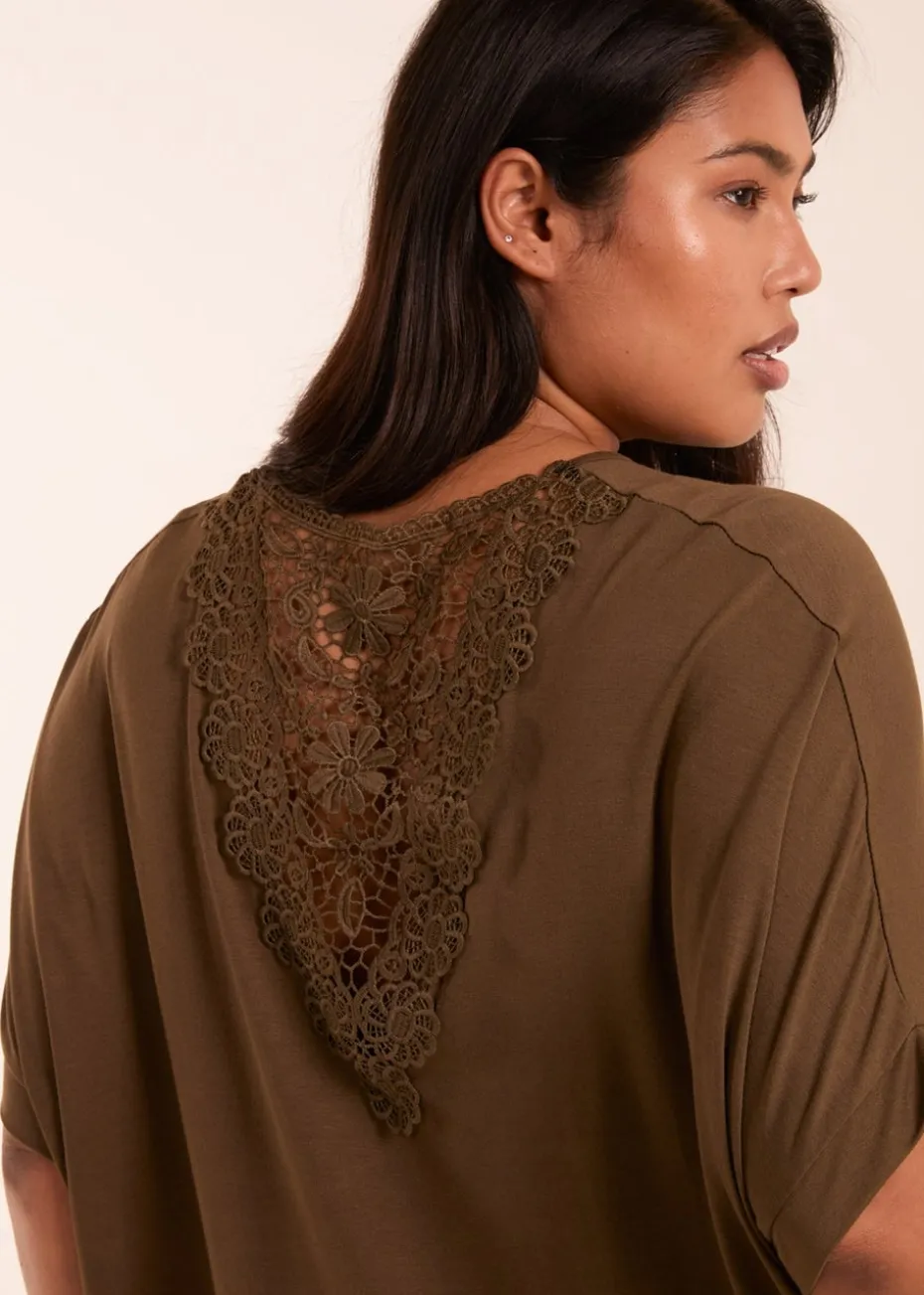 Blue Vanilla Khaki Curve Floral Crochet Back Top
