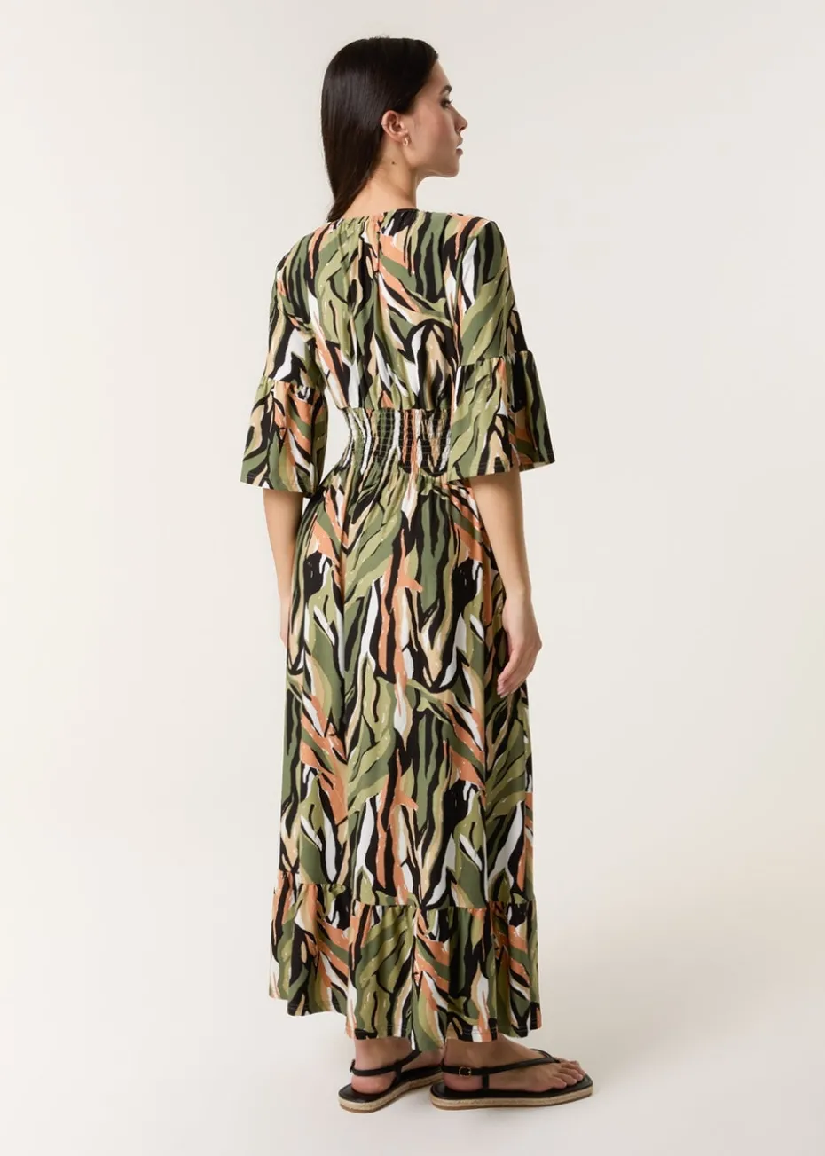 Blue Vanilla Khaki Elasticated Neck Shirred Waist Maxi Dress