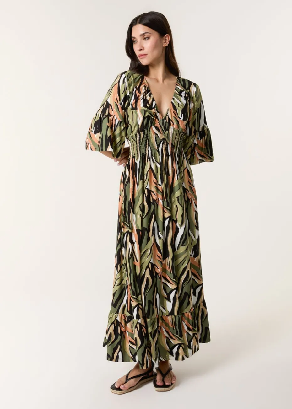 Blue Vanilla Khaki Elasticated Neck Shirred Waist Maxi Dress