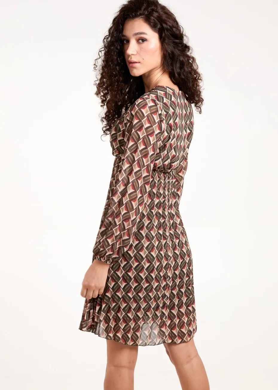 Blue Vanilla Khaki Geometric Print Wrap Front Pleated Dress