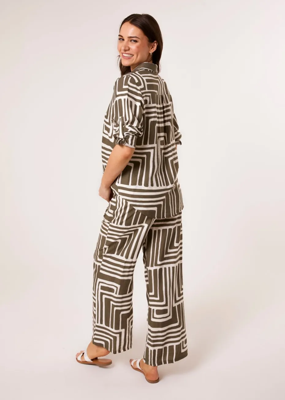 Blue Vanilla Khaki Geometric Print Two Piece Set
