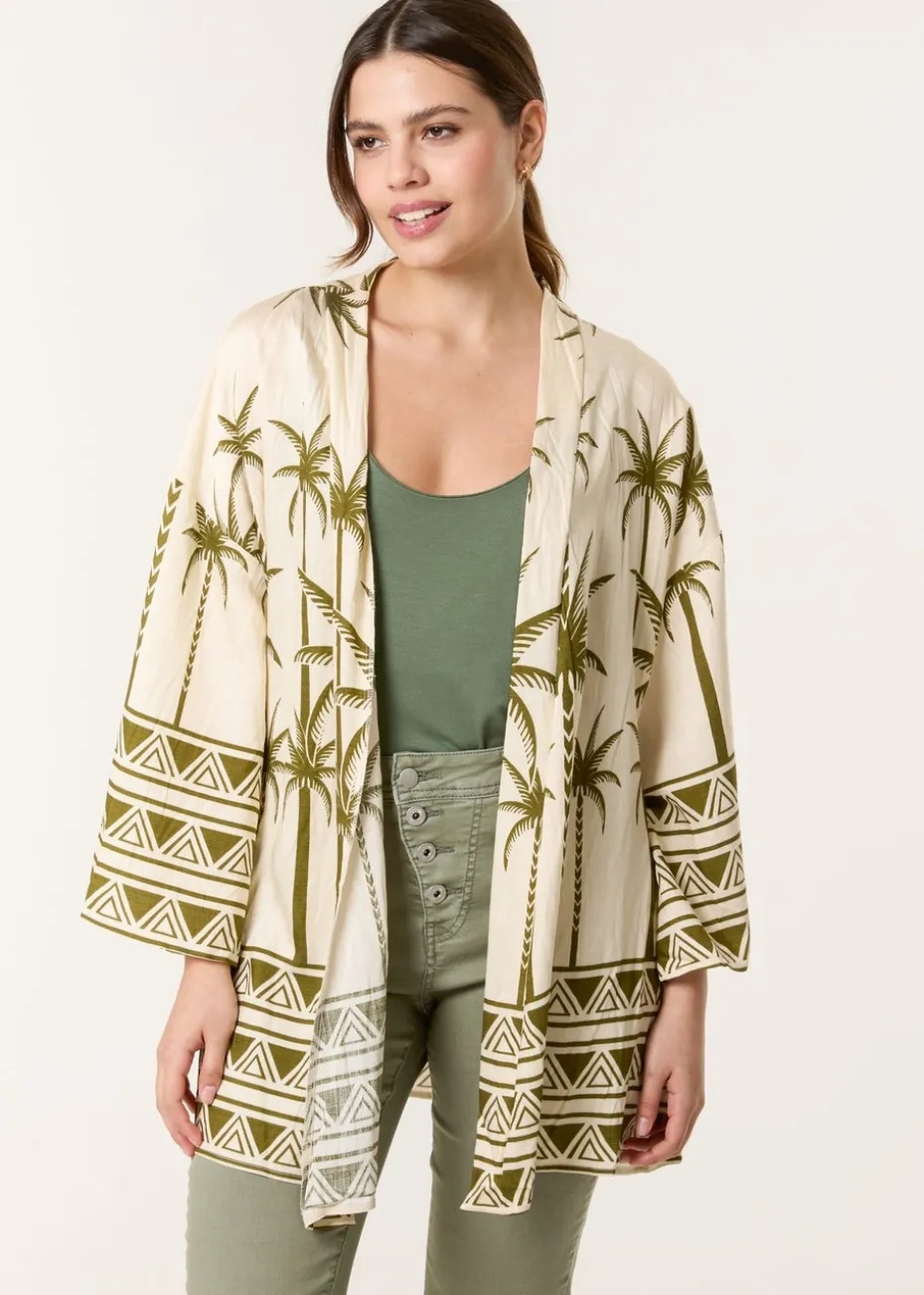 Blue Vanilla Khaki Palm Print Kimono