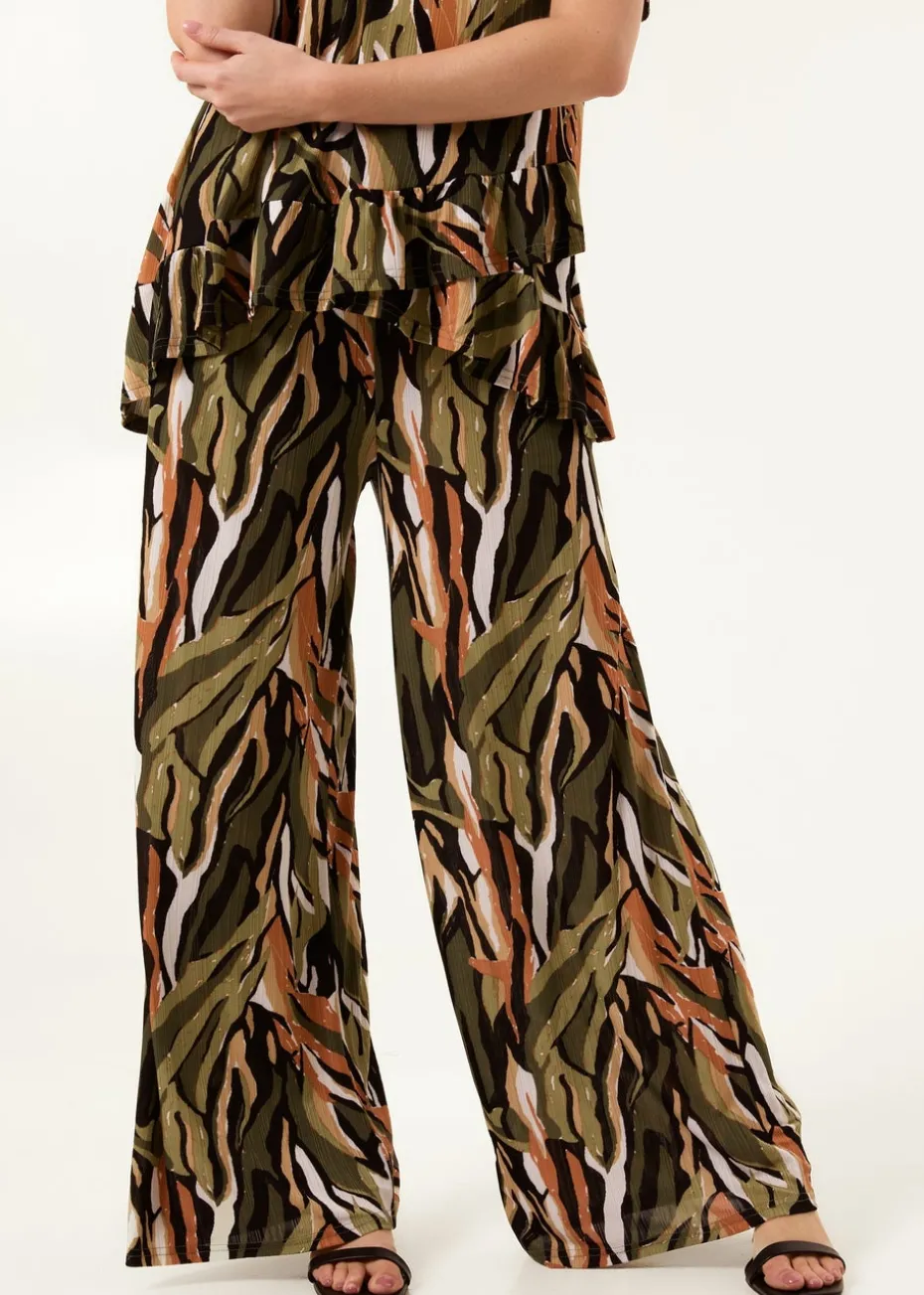 Blue Vanilla Khaki Plisse Tropical Print Wide Leg Trousers