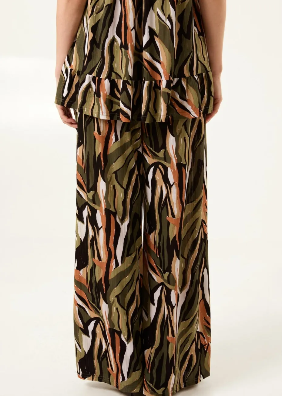 Blue Vanilla Khaki Plisse Tropical Print Wide Leg Trousers