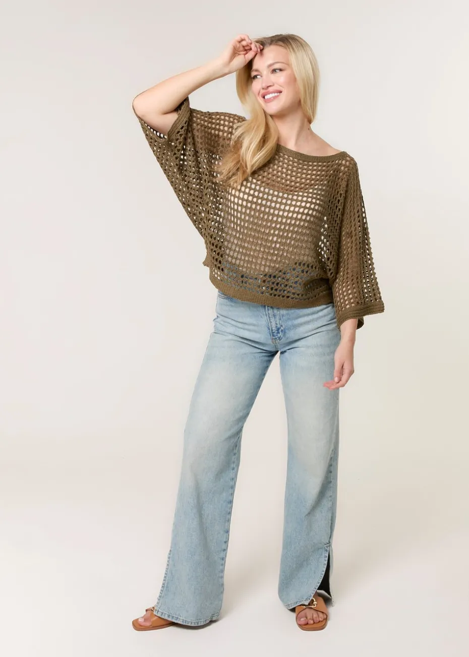 Blue Vanilla Khaki Round Neck Net Top