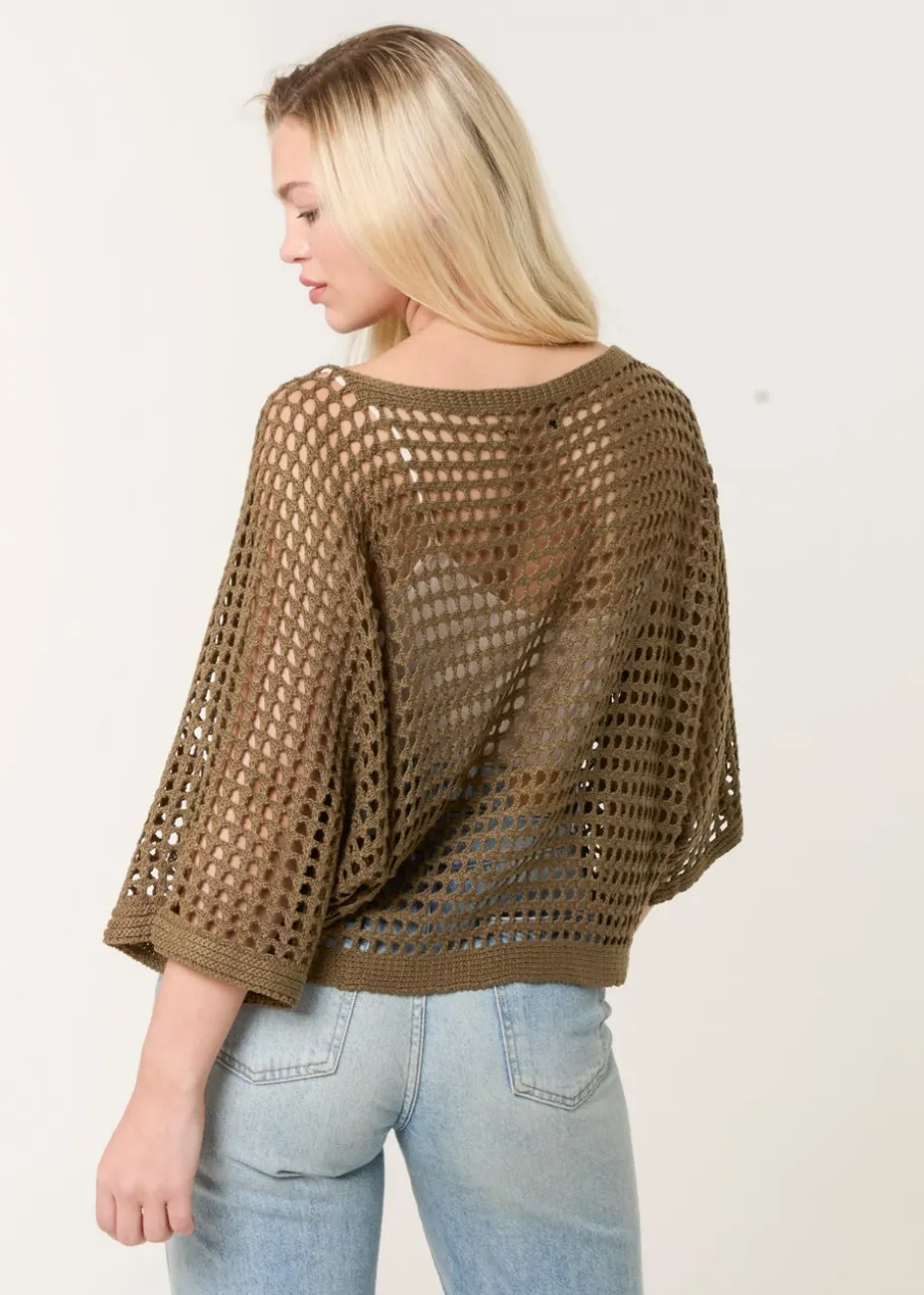Blue Vanilla Khaki Round Neck Net Top