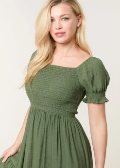 Blue Vanilla Khaki Shirred Puff Sleeve Mini Dress