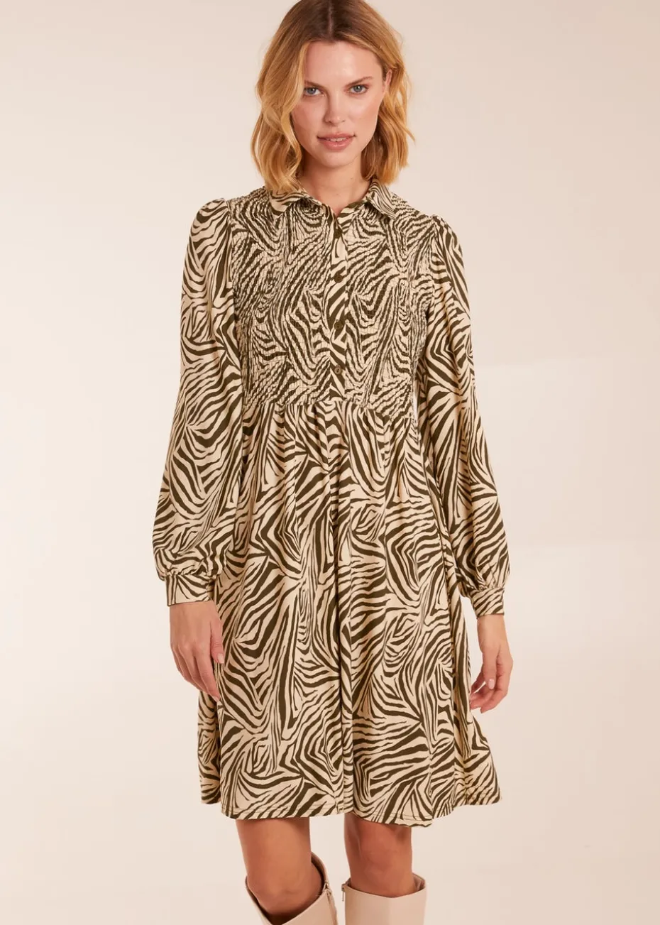 Blue Vanilla Khaki Zebra Shirred Long Sleeve Mini Shirt Dress