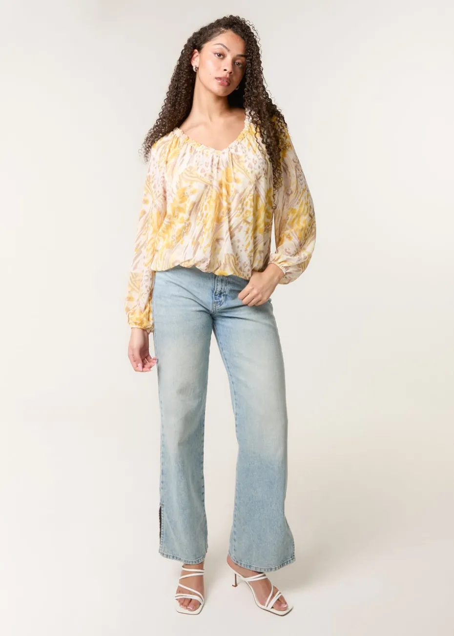 Blue Vanilla Lemon V Neck Gathered Bubble Hem Top