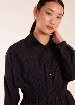 Blue Vanilla Leopard Print Shirred Waist Shirt