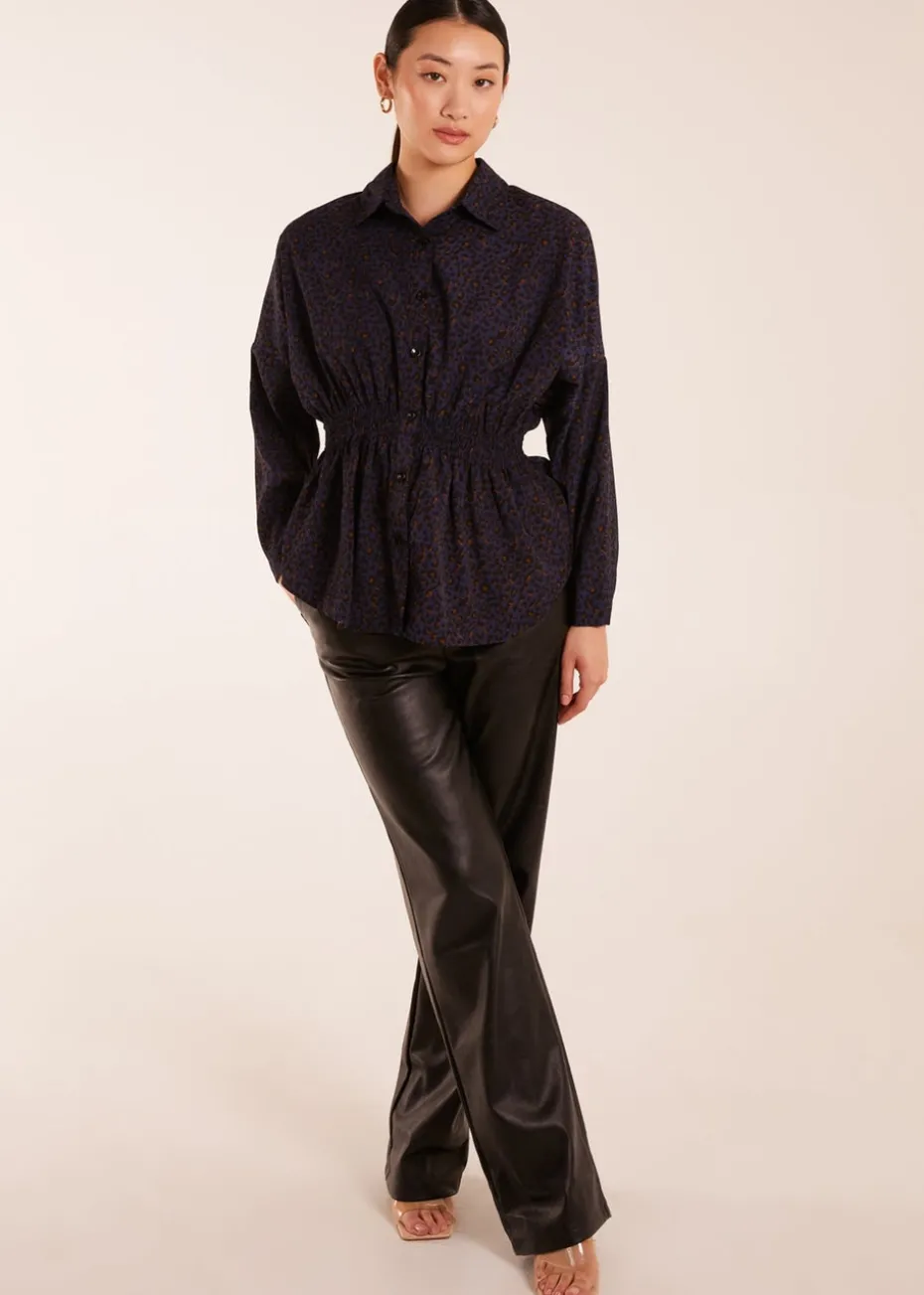 Blue Vanilla Leopard Print Shirred Waist Shirt