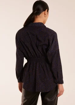 Blue Vanilla Leopard Print Shirred Waist Shirt