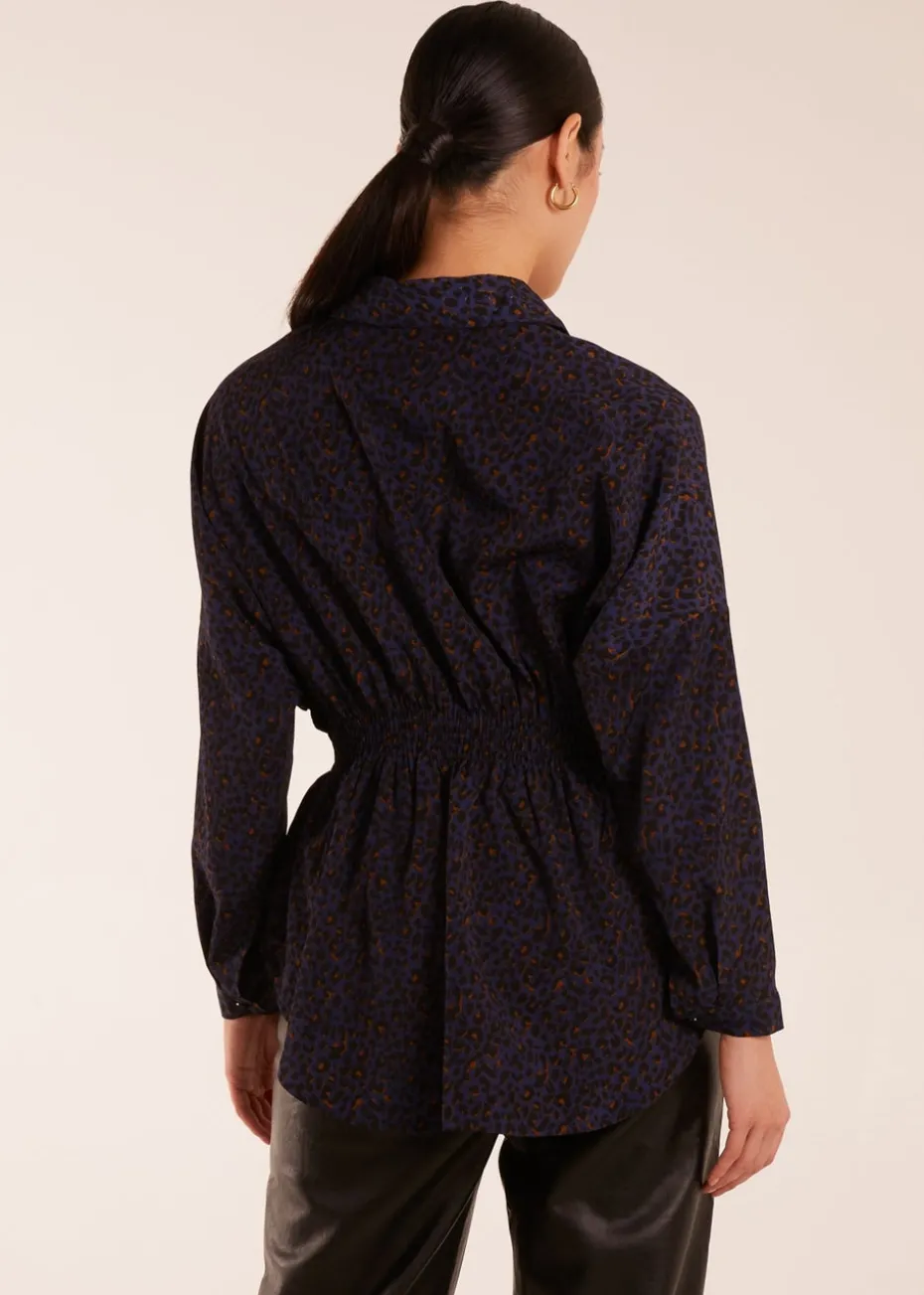 Blue Vanilla Leopard Print Shirred Waist Shirt