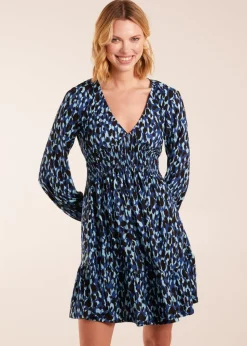 Blue Vanilla Leopard Print Shirring Elastic Sleeve Tier Mini Dress