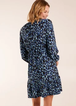 Blue Vanilla Leopard Print Shirring Elastic Sleeve Tier Mini Dress
