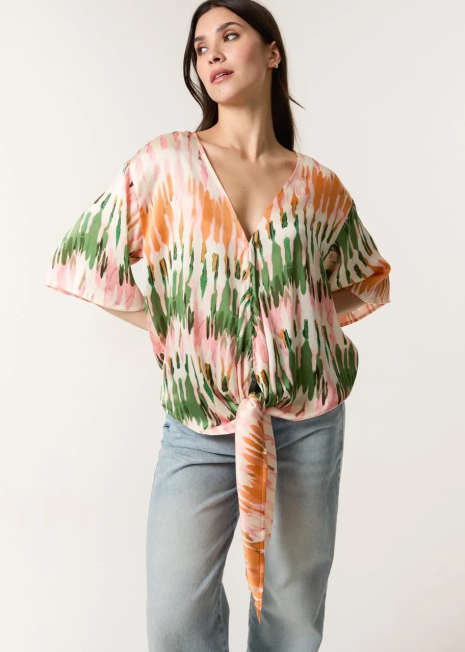 Blue Vanilla Multi Satin Tie Front Blouse