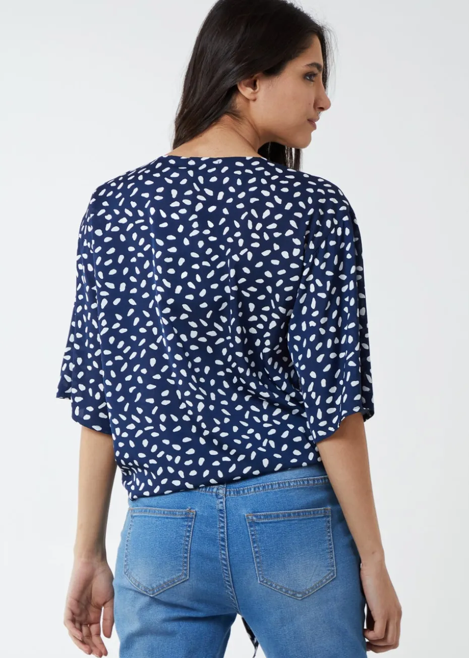 Blue Vanilla Navy Abstract Spot Tie Front Batwing Top