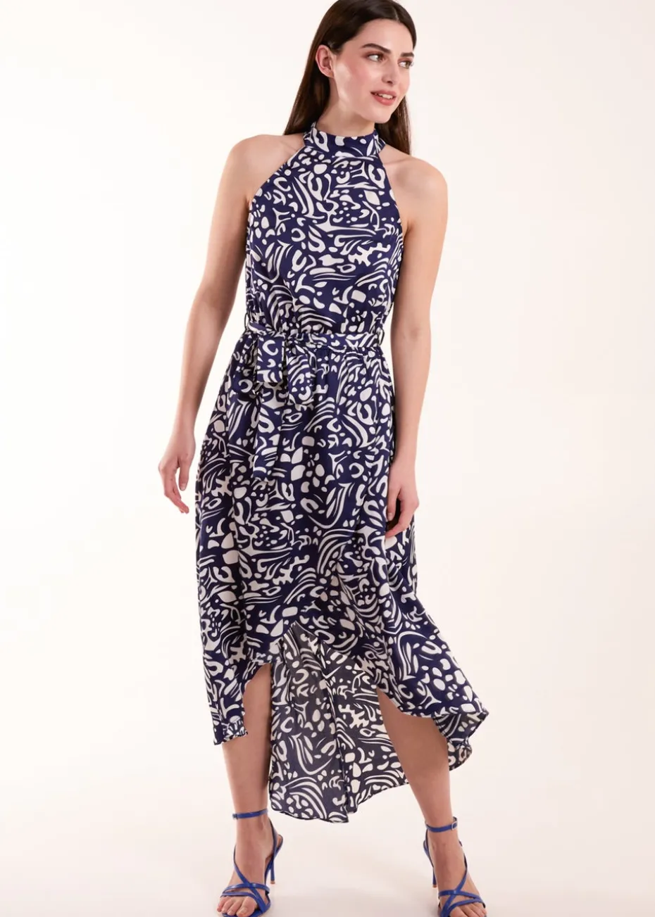 Blue Vanilla Navy Abstract Print Halter Neck Midi Wrap Dress