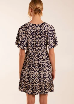 Blue Vanilla Navy Button Through Elastic Waist Mini Dress